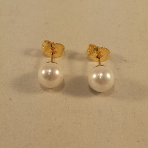 24K Yellow Gold Shell Pearl Bead Stud Earrings 8mm Women's Classic
